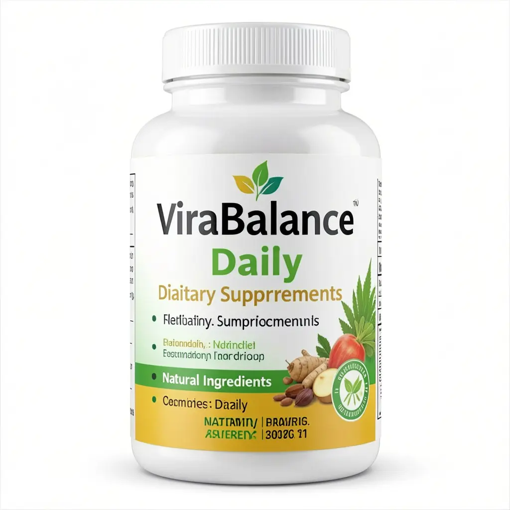 ViraBalance Daily dietary supplement bottle with natural ingredients label